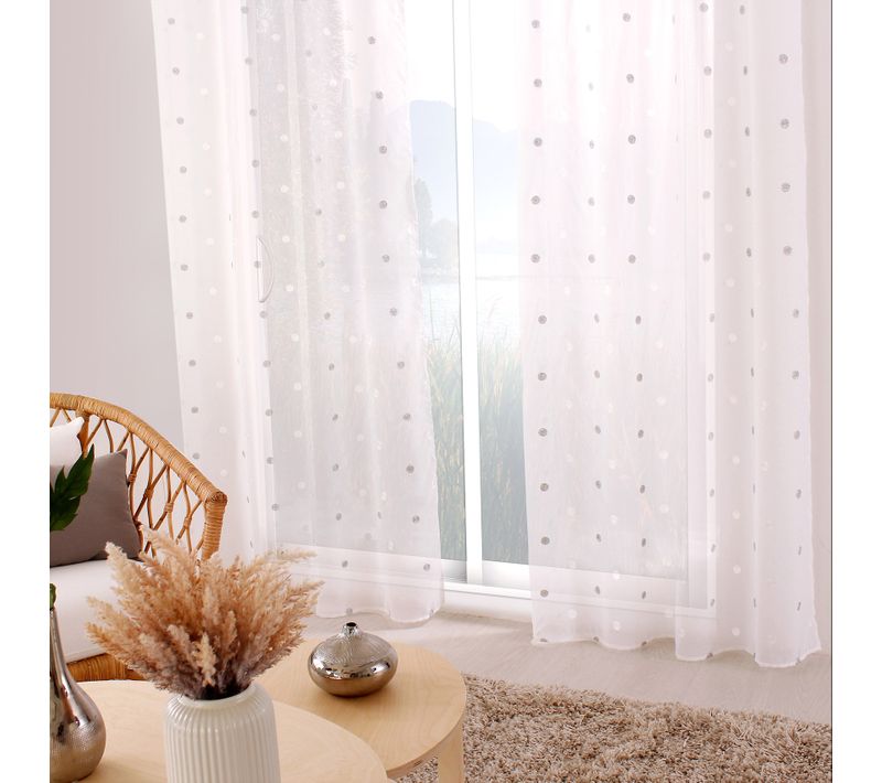 Voilage Sablé Brodé "pois Colorés" - 140x240 Cm - Gris Souris