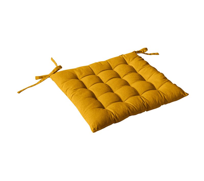 Galette De Chaise Piquée 16 Points En Coton Et Nouettes - 38x38 Cm - Jaune Moutarde