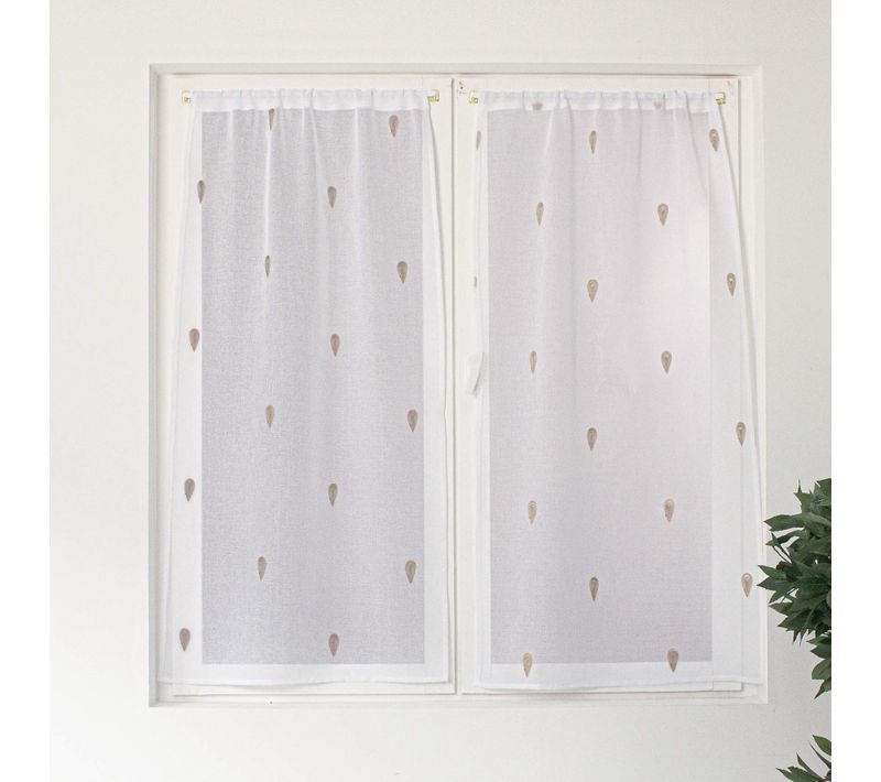 Paire De Petits Voilages Droits Brodés De Gouttes - 60x90 Cm - Naturel