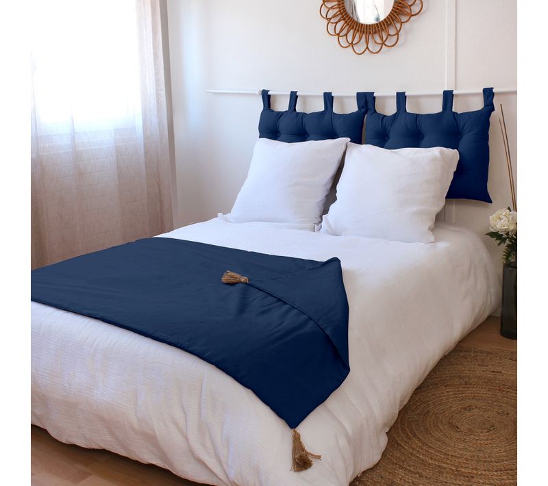 Edredon Panama Avec Pompons En Jute - 90 X 190 Cm - Bleu Marine