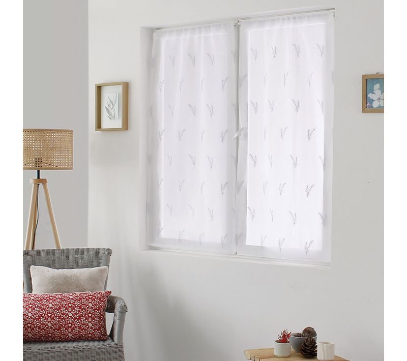 Paire De Petits Voilages Aux Broderies Bicolores - 60x90 Cm - Blanc