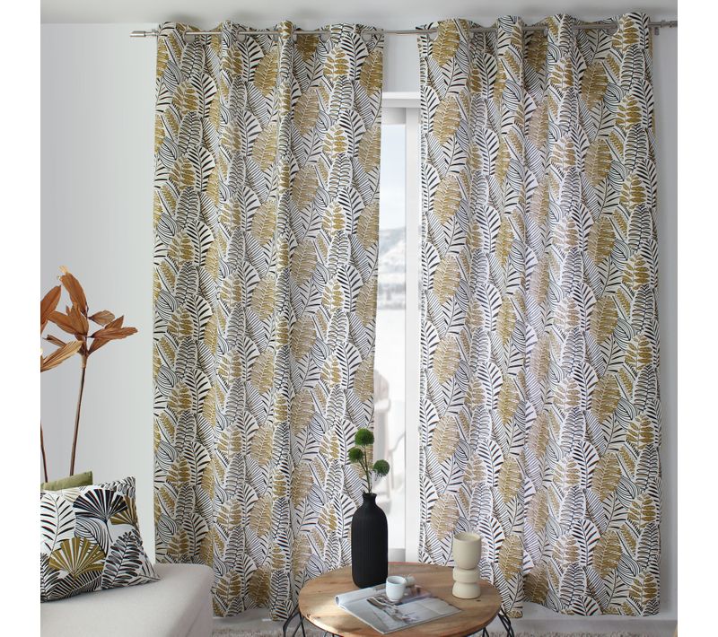 Rideau Imprimé Feuillage En Coton Recyclé - 140x240 Cm - Noir