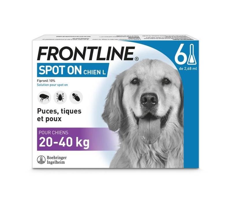 Frontline Spot On Chien L - 20 à 40 Kg - 6 Pipettes- Puces Tiques Et Poux