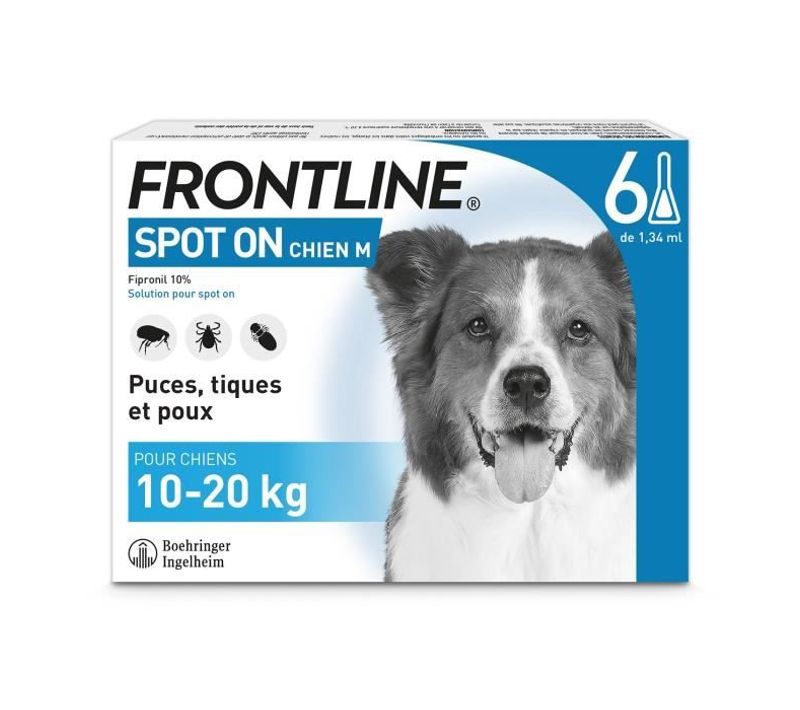 Frontline Spot On Chien M - 10 à 20 Kg - 6 Pipettes- Puces Tiques Et Poux
