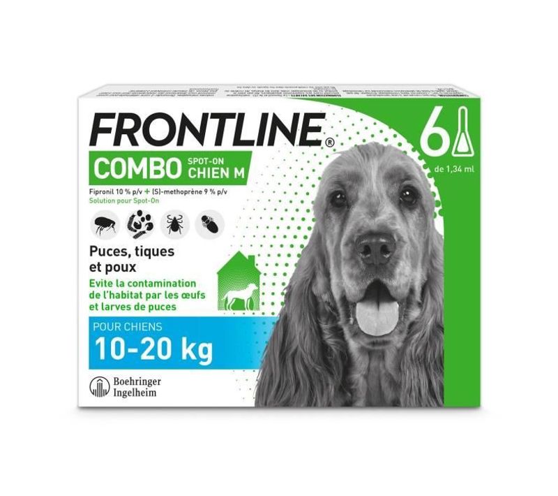 Frontline Combo Chien M - 10 à 20 Kg - 6 Pipettes - Puces Tiques Et Poux
