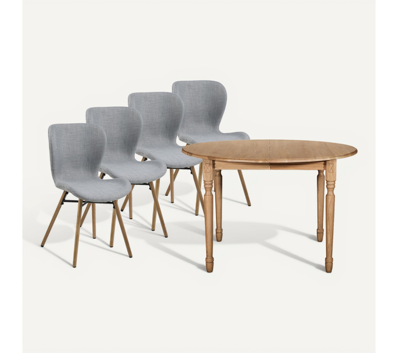 Table Ronde Extensible Pieds Tournés D115 + 4 Chaises Tissu - Victoria