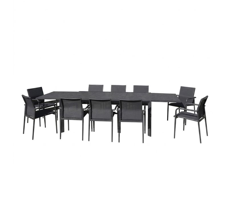 Ensemble 8/12p En Aluminium Et Plateau En Verre Gris Avec 10 Fauteuils Modulo