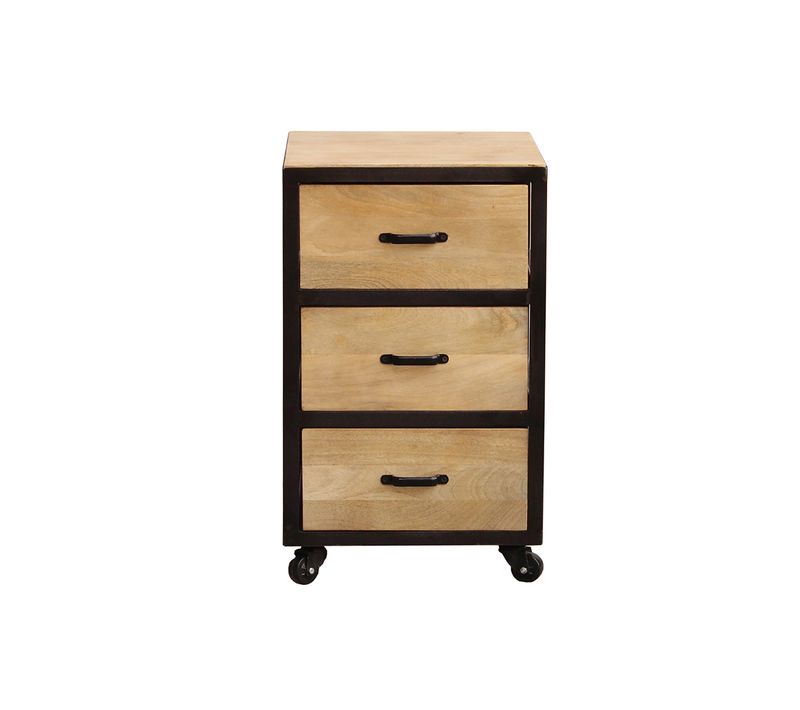 Caisson De Bureau à Roulettes 3 Tiroirs Industriel Bois Massif Et Métal Noir Industria