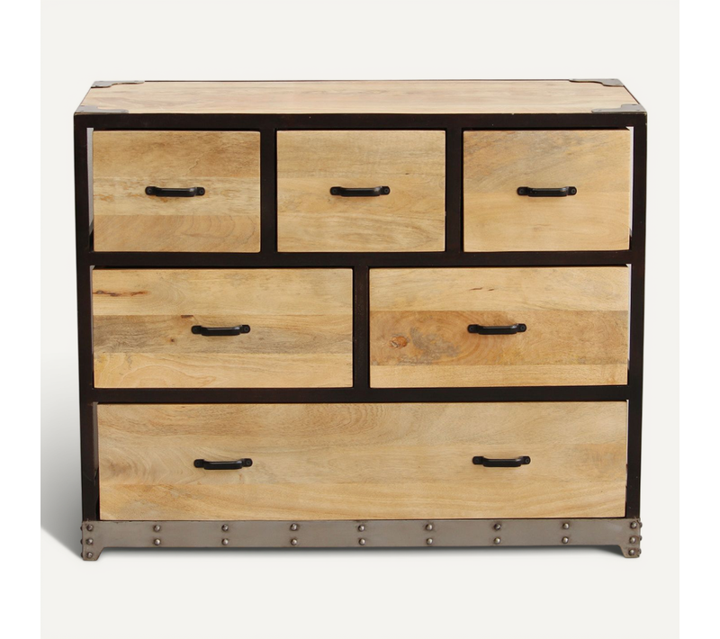 Commode Industrielle En Bois Manguier Massif Et Métal Noir 6 Tiroirs L99 Cm Industria