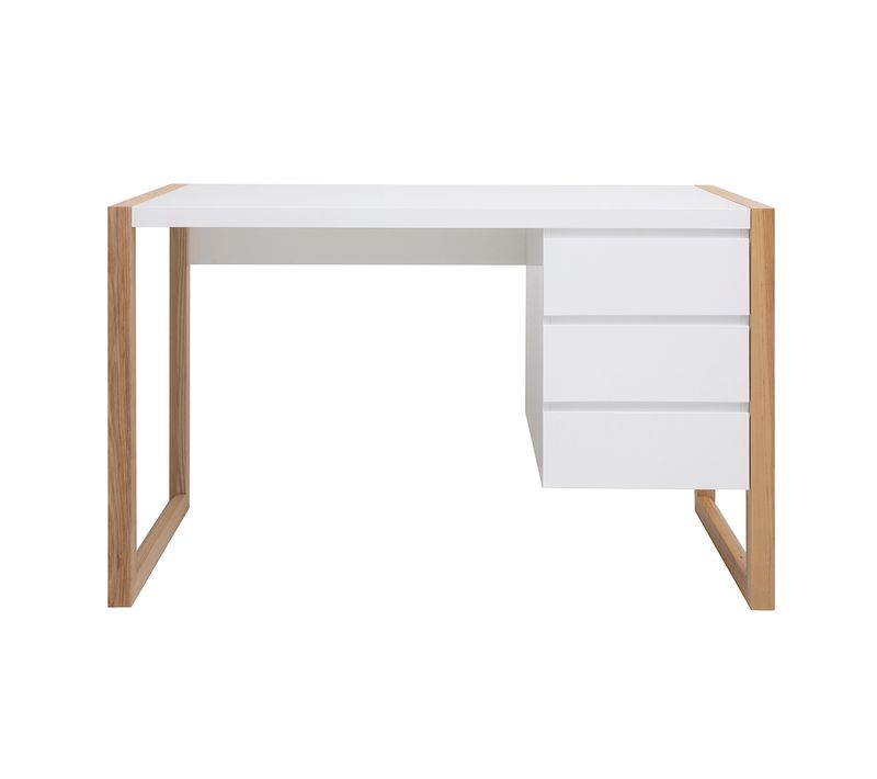 Bureau Avec Rangements 3 Tiroirs Scandinave Blanc Mat Et Bois Clair Frêne Massif L130 Cm Armel