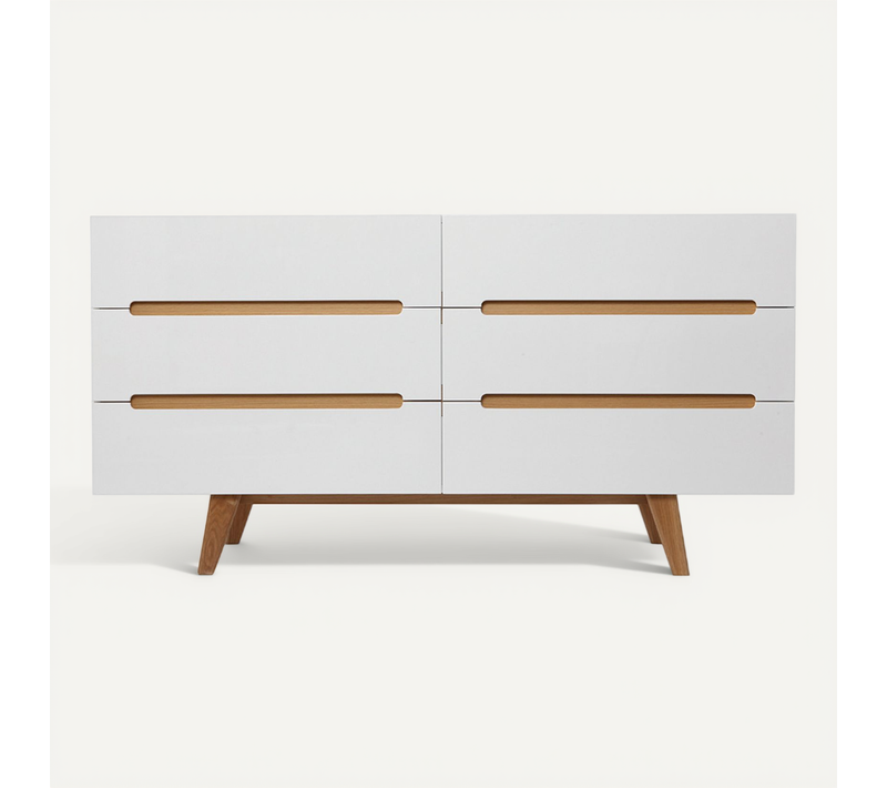 Commode Scandinave Finition Blanc Laqué Brillant 6 Tiroirs L160 Cm Melka