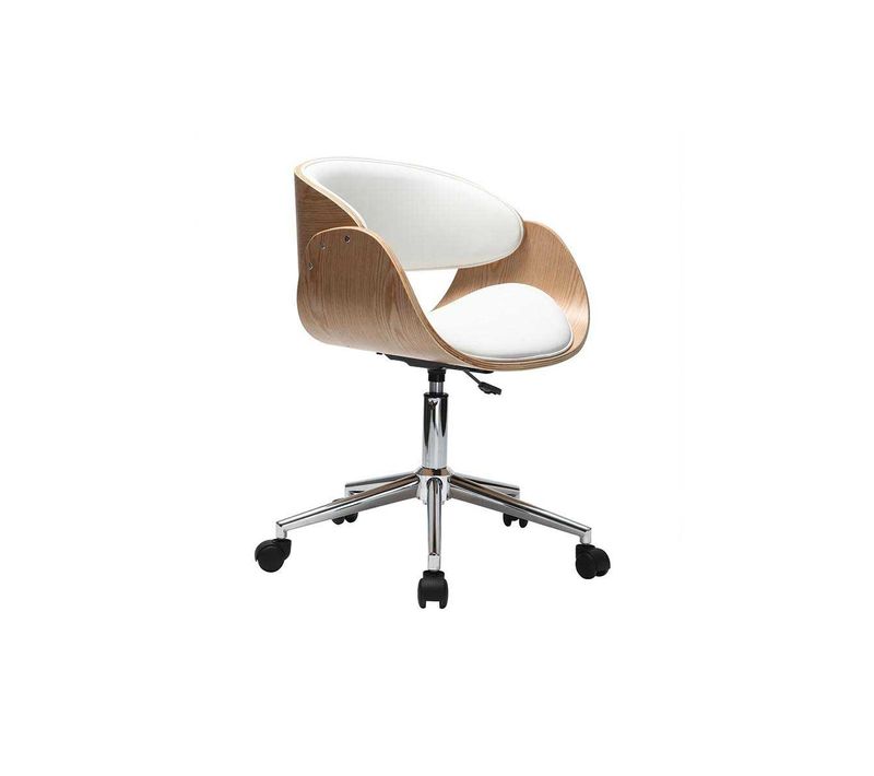 Chaise De Bureau à Roulettes Design Blanc, Bois Clair Et Acier Chromé Bent