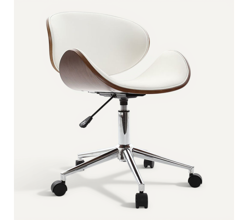 Chaise De Bureau à Roulettes Design Blanc, Bois Foncé Noyer Et Acier Chromé Walnut
