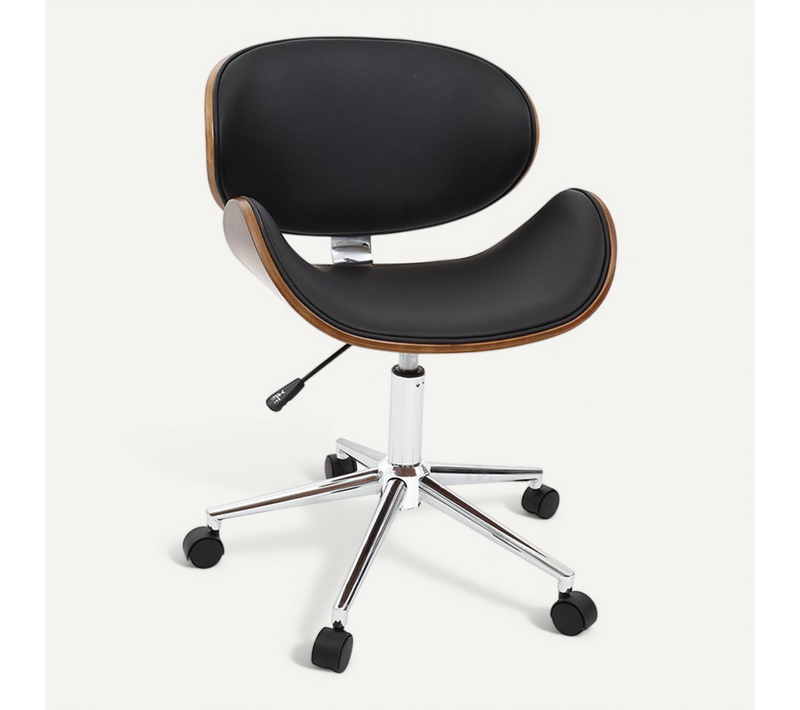 Chaise De Bureau à Roulettes Design Noir, Bois Foncé Noyer Et Acier Chromé Walnut