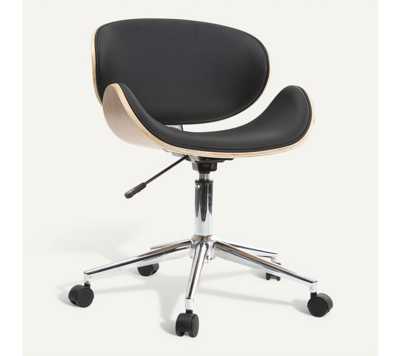 Chaise De Bureau à Roulettes Design Noir, Bois Clair Et Acier Chromé Walnut