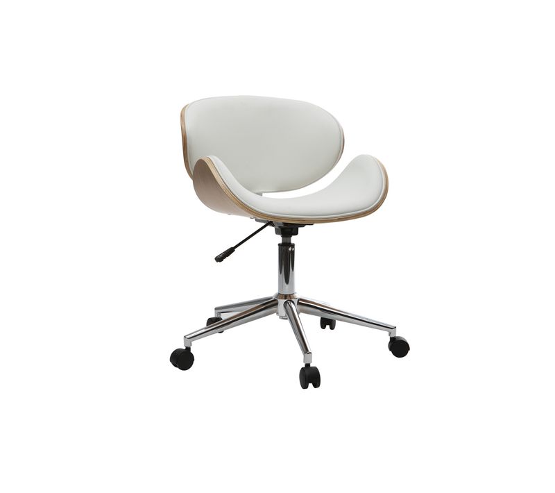 Chaise De Bureau à Roulettes Design Blanc, Bois Clair Et Acier Chromé Walnut