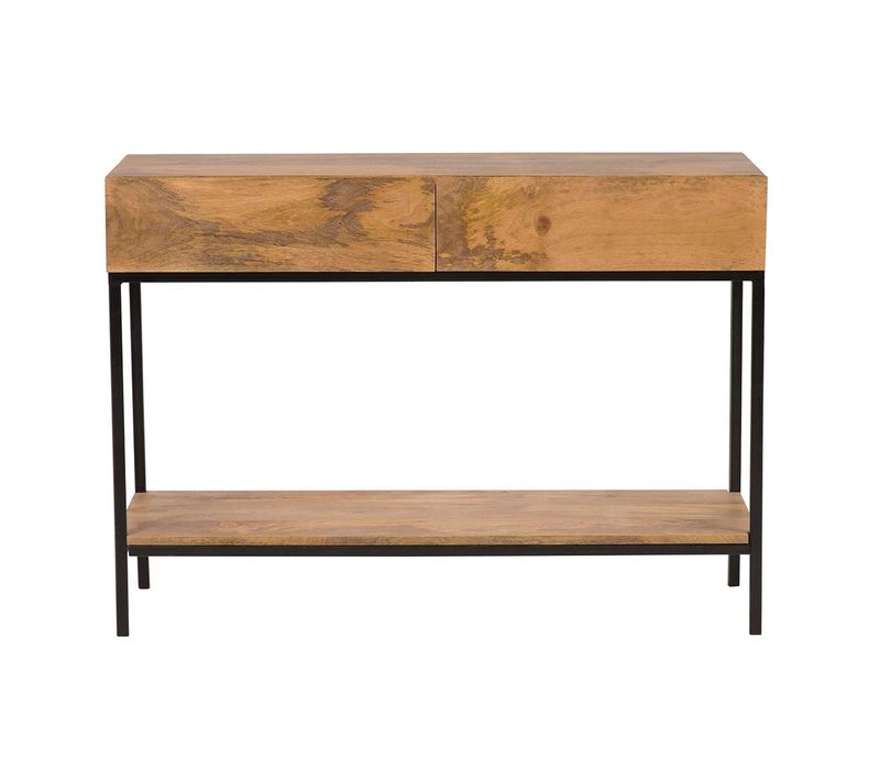 Console Industrielle Avec 2 Tiroirs En Bois Clair Manguier Massif Et Métal Noir L110 Cm Ypster