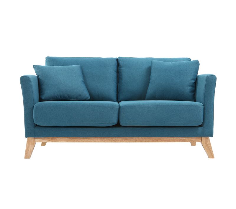 Canapé Scandinave Déhoussable 2 Places En Tissu Bleu Canard Et Bois Clair Oslo