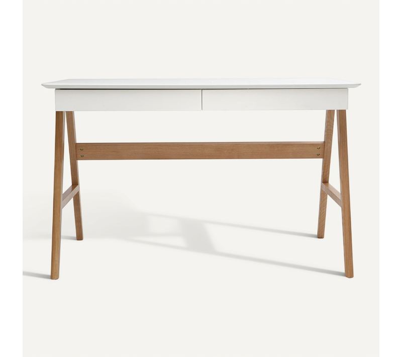 Bureau Avec Rangements 2 Tiroirs Scandinave Blanc Et Bois Clair Chêne L120 Cm Brook