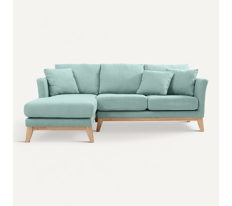 Canapé D'angle Gauche Déhoussable Scandinave En Tissu Vert Lagon Et Bois Clair 3-4 Places Oslo