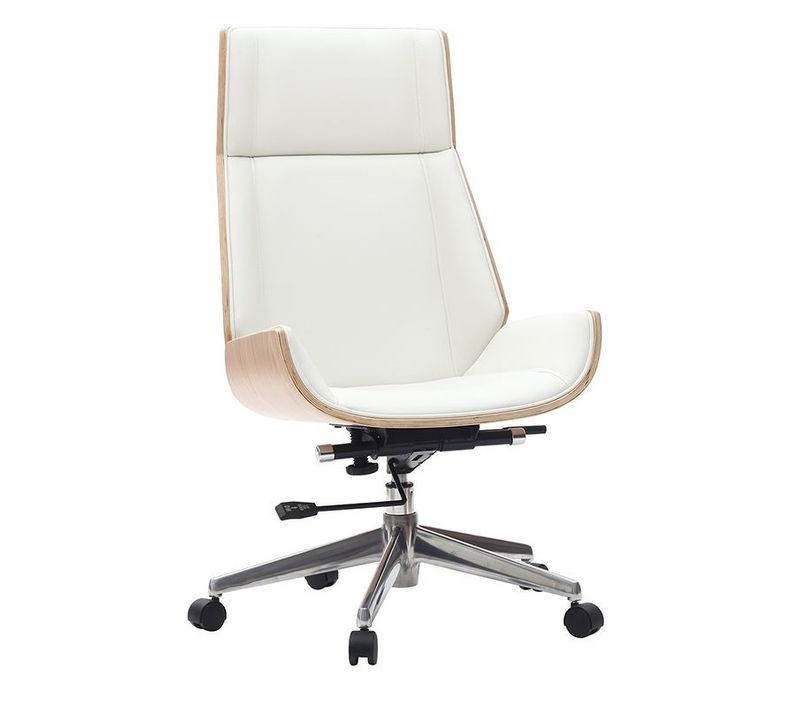 Fauteuil De Bureau De Direction Design Blanc, Bois Clair Et Acier Chromé Curved