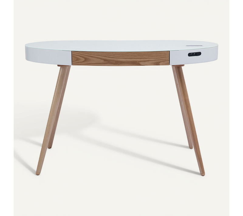 Bureau Connecté Multimédia Verre Blanc Et Bois Clair L120 Cm Handy