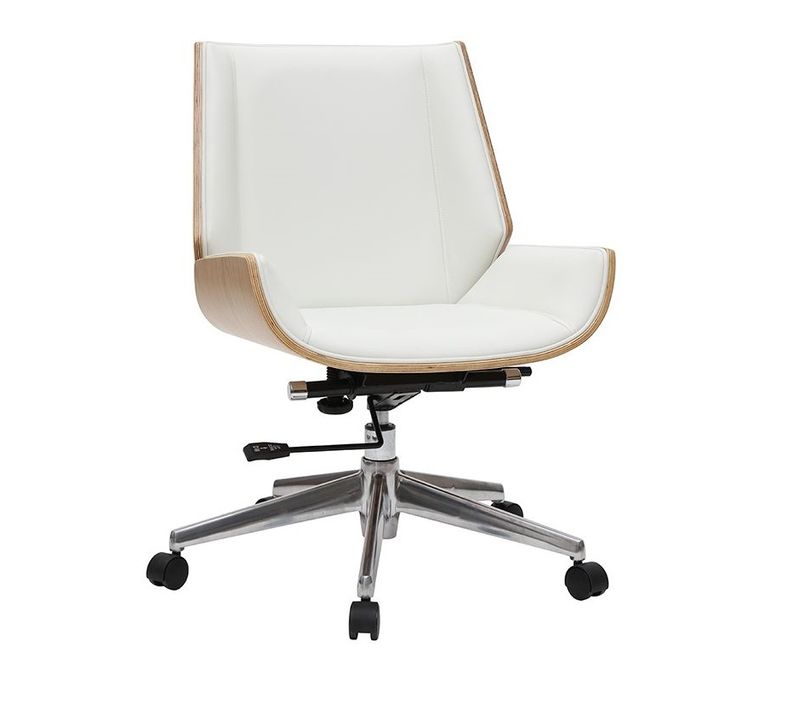 Chaise De Bureau à Roulettes Design Blanc, Bois Clair Et Acier Chromé Curved