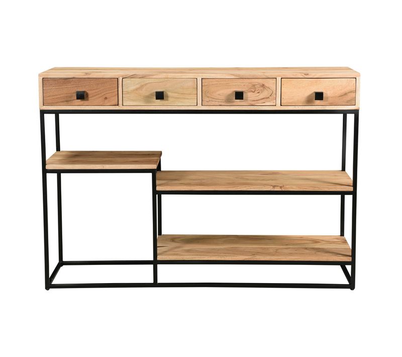 Console Industrielle Avec Rangements 4 Tiroirs En Bois Massif Et Métal Noir L115 Cm Grenelle