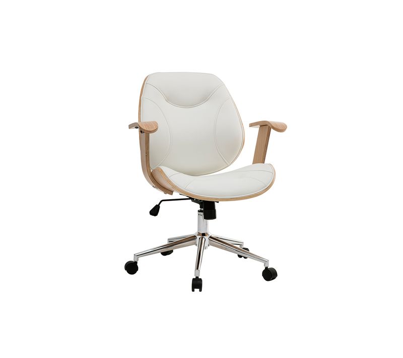 Chaise De Bureau à Roulettes Design Blanc, Bois Clair Et Acier Chromé Yorke