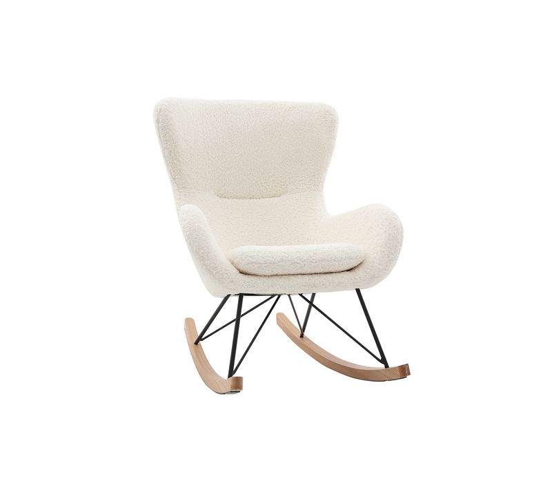 Rocking Chair Scandinave En Tissu Effet Peau De Mouton Blanc, Métal Noir Et Bois Clair  Eskua