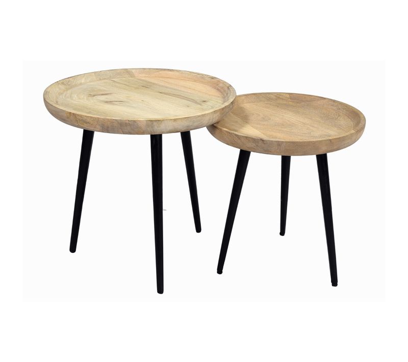 Tables Basses Gigognes Rondes Bois Manguier Massif Et Métal Noir (lot De 2) Pyta