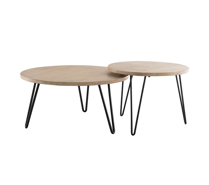 Tables Basses Gigognes Rondes Bois Manguier Massif Et Métal Noir (lot De 2) Vibes