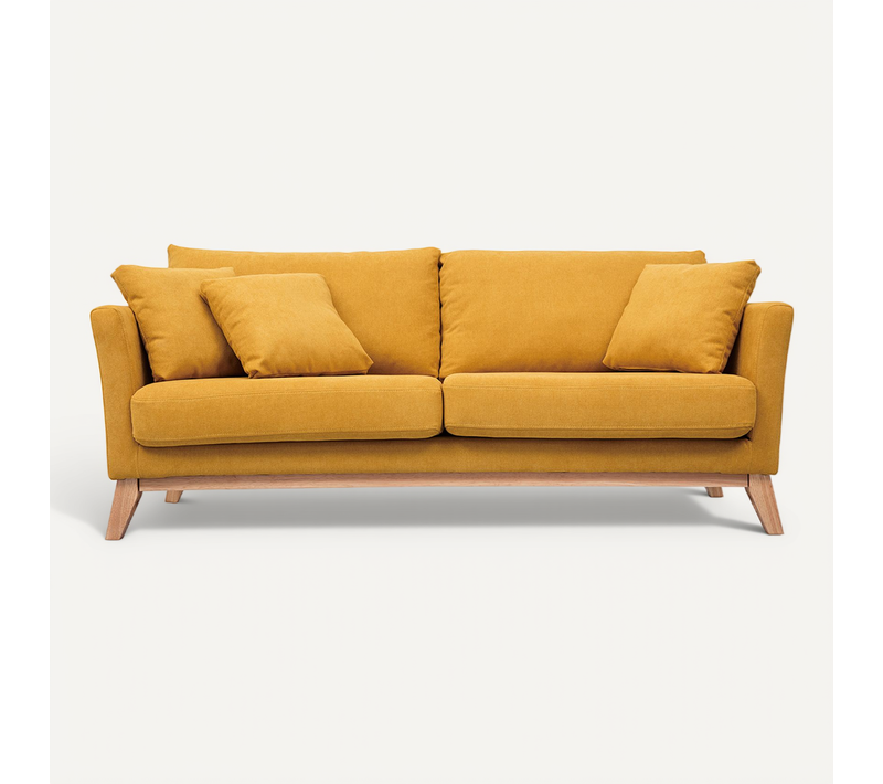 Canapé Scandinave Déhoussable 3 Places En Tissu Effet Velours Jaune Moutarde Et Bois Clair Oslo