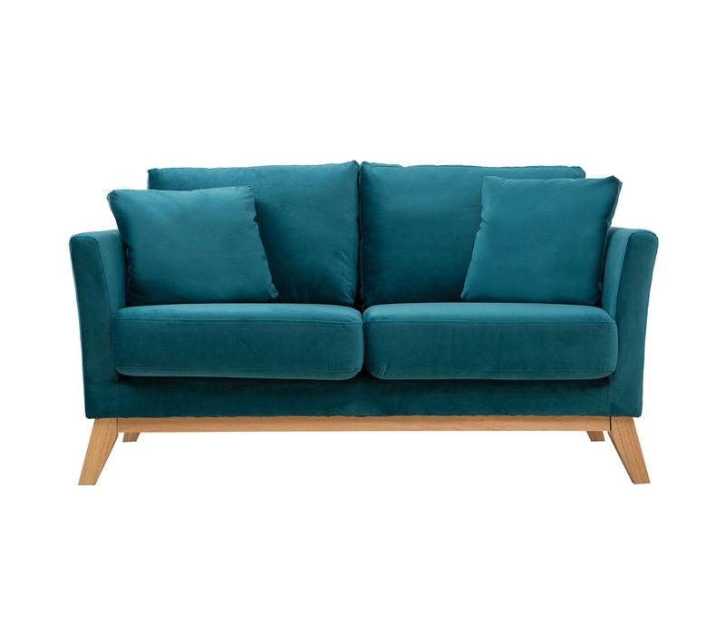 Canapé Scandinave Déhoussable 2 Places En Tissu Velours Bleu Pétrole Et Bois Clair Oslo