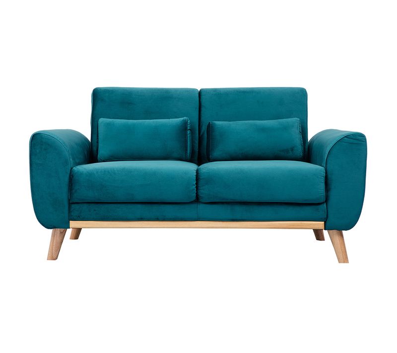 Canapé Scandinave 2 Places En Tissu Velours Bleu Pétrole Et Bois Clair Ektor