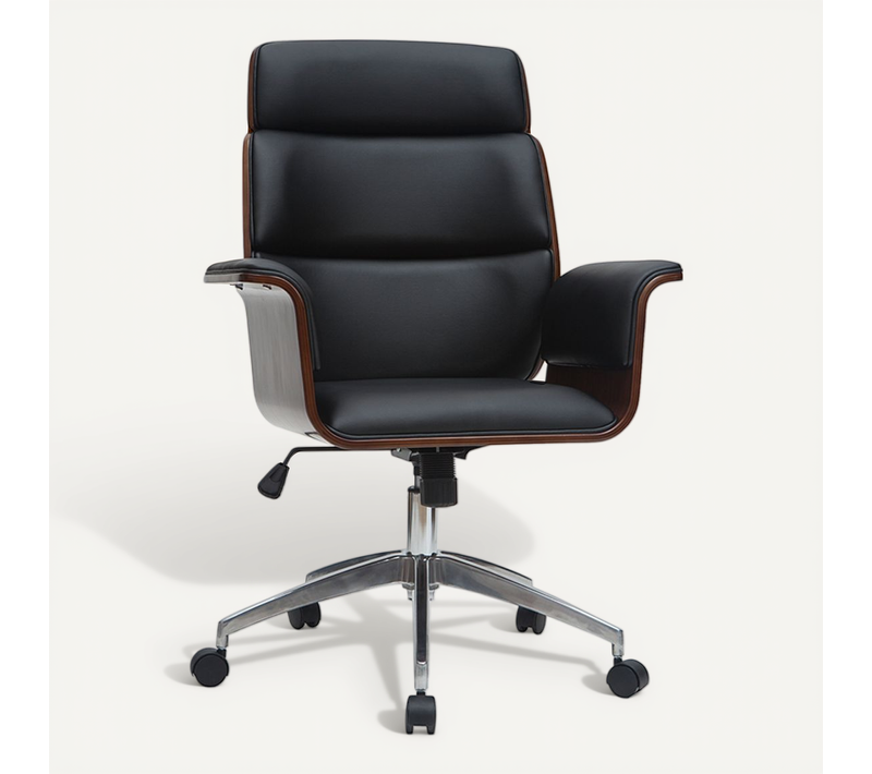 Fauteuil De Bureau à Roulettes Design Noir, Bois Foncé Noyer Et Acier Chromé Elon