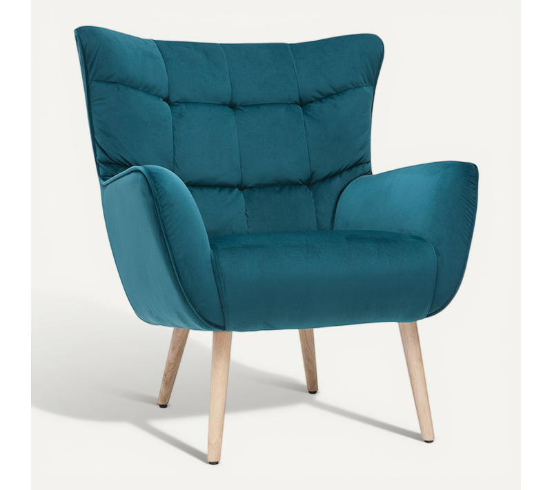 Fauteuil Scandinave En Tissu Velours Bleu Pétrole Et Bois Clair Avery