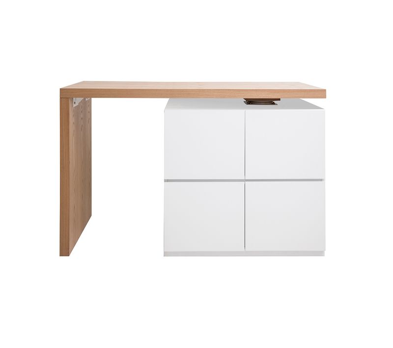 Îlot - Table De Bar Modulable Avec Rangement Blanc Mat Et Bois Clair Chêne L140-165 Cm Max