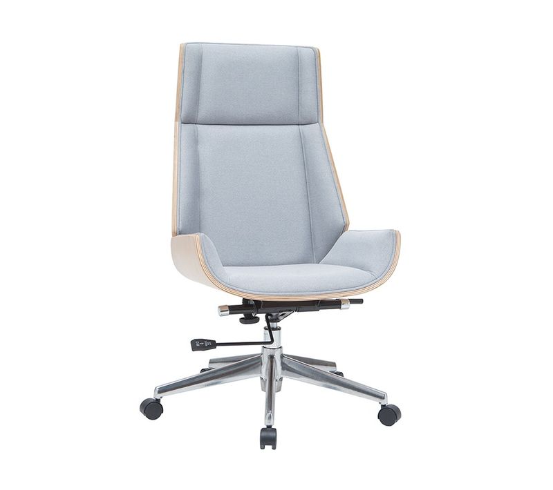 Fauteuil De Bureau De Direction Design En Tissu Gris Clair, Bois Clair Et Acier Chromé Curved