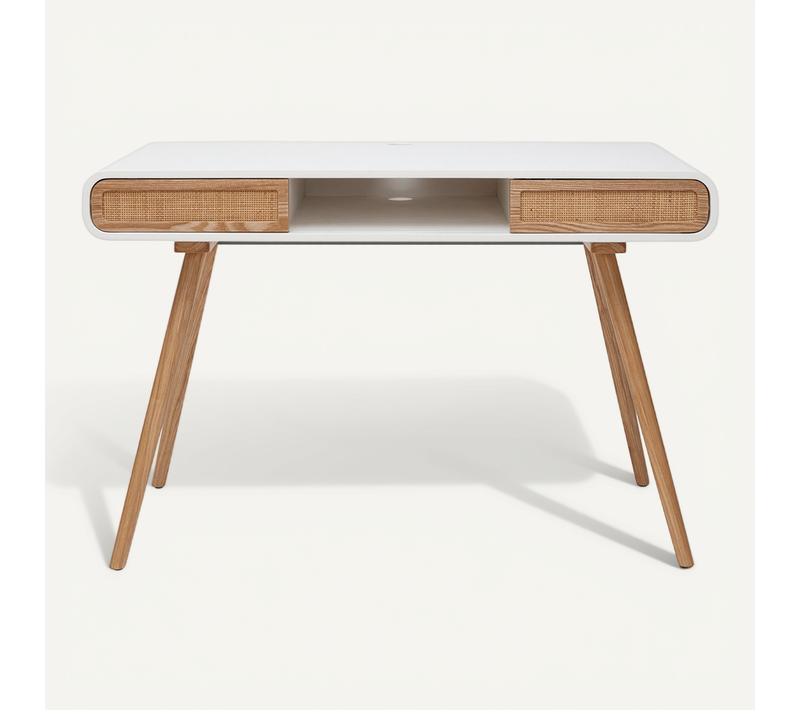 Bureau Avec Rangement Vintage Blanc, Cannage Et Bois Clair L120 Cm Olympe