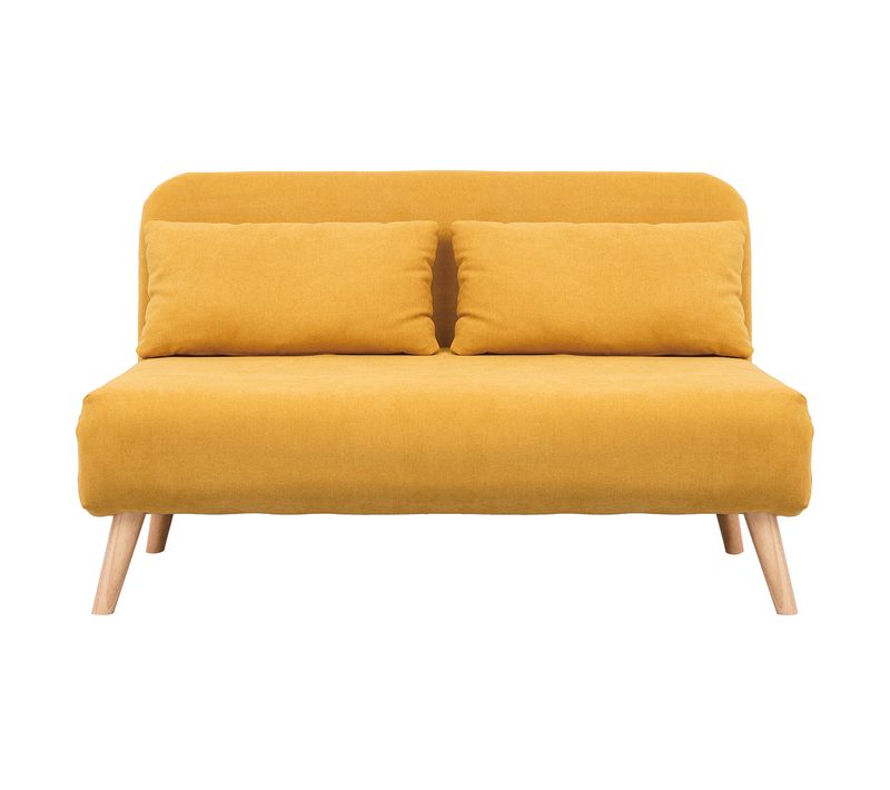 Chauffeuse 2 Places Convertible En Tissu Effet Velours Moutarde Et Bois Clair Amiko