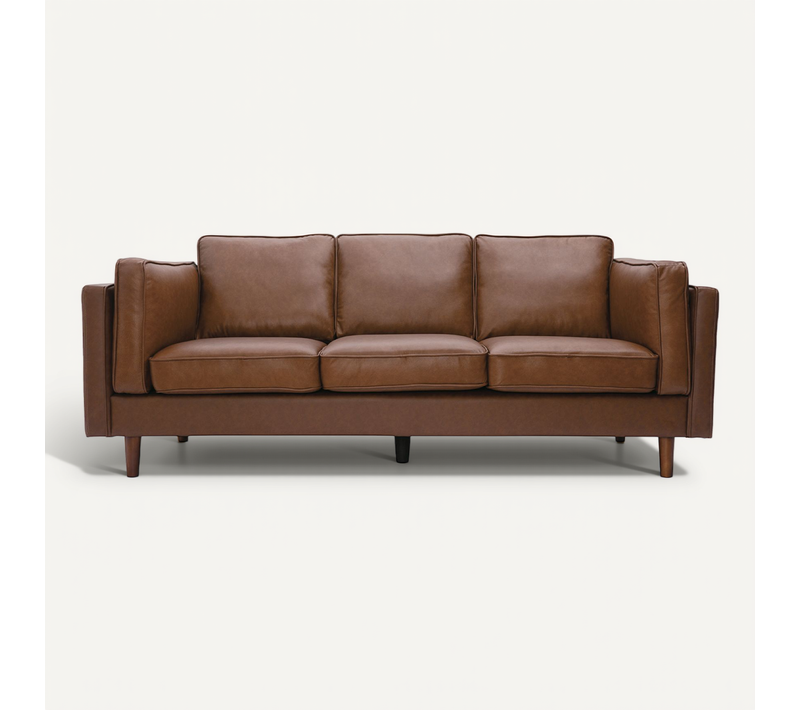 Canapé Vintage 3 Places Cuir Marron Et Bois Foncé Bradley