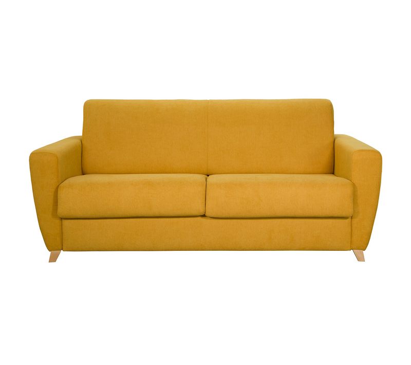 Canapé Convertible 3 Places En Tissu Jaune Moutarde Et Bois Clair Avec Matelas L140 Cm 13 Cm Graham
