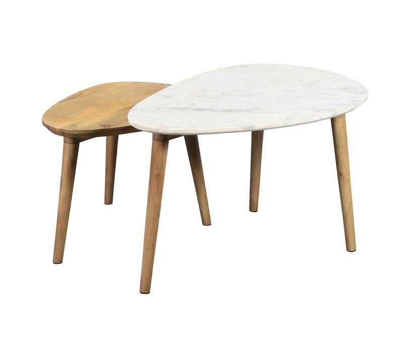 Tables Basses Gigognes Marbre Blanc Et Bois Manguier Massif (lot De 2) Evy