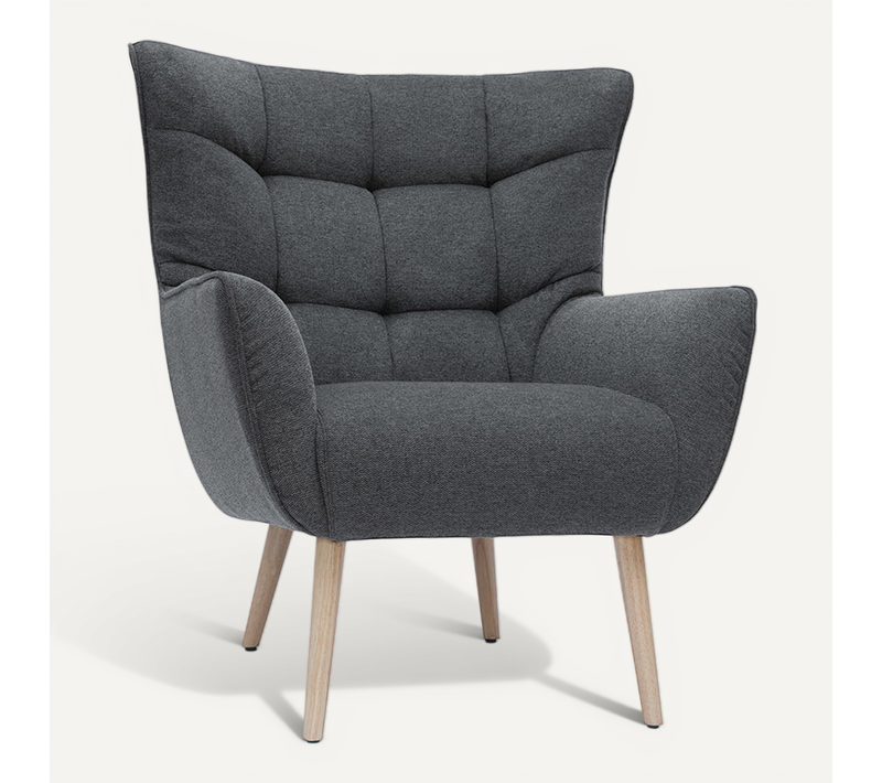 Fauteuil Scandinave En Tissu Effet Velours Texturé Gris Foncé Et Bois Clair Avery