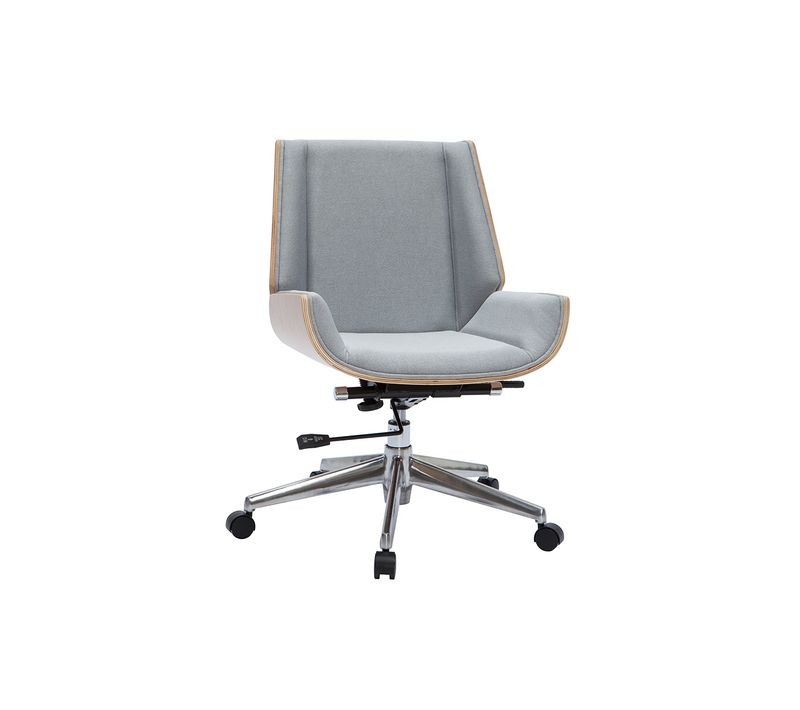 Chaise De Bureau à Roulettes Design En Tissu Gris Clair, Bois Clair Et Acier Chromé Curved