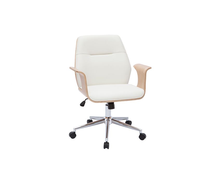 Chaise De Bureau à Roulettes Design Blanc, Bois Clair Et Acier Chromé Rufin