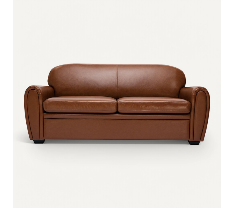 Canapé Convertible Vintage 3 Places Cuir Marron Et Bois Noir Avec Matelas 9 Cm Club