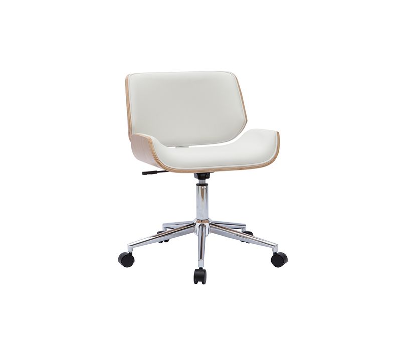Chaise De Bureau à Roulettes Design Blanc, Bois Clair Et Acier Chromé Rubbens
