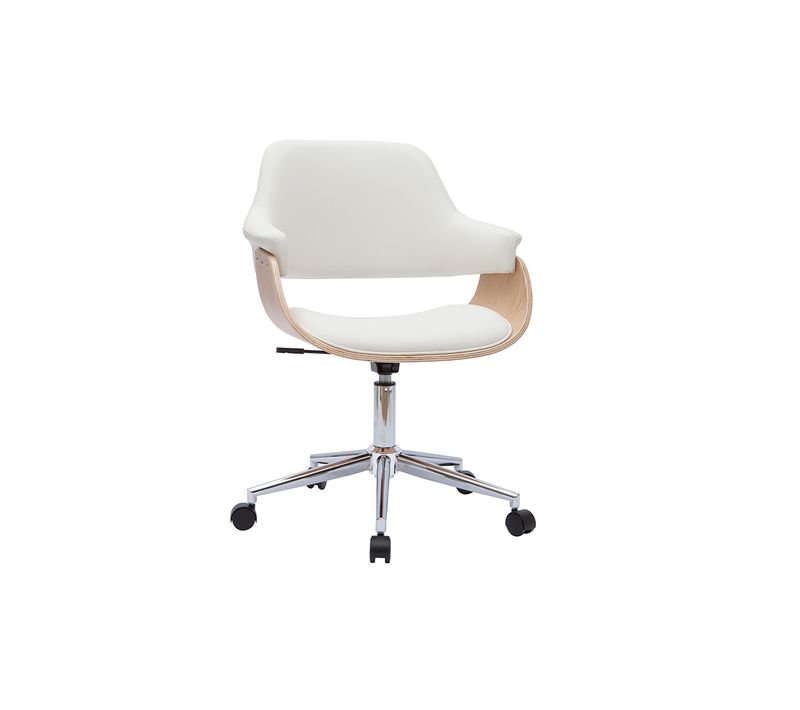 Chaise De Bureau à Roulettes Design Blanc, Bois Clair Et Acier Chromé Hansen